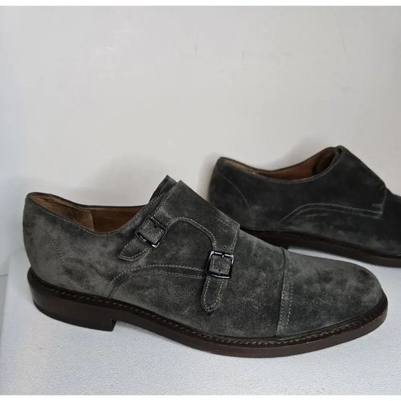 Men Frye James Double Monk Strap Loafers 81123 Sz 8.5 D Gray Suede Cap Toe Shoes - Picture 1 of 12